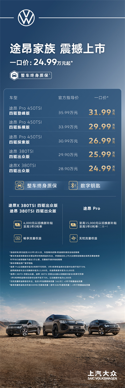 途昂 Pro 一口價(jià)26.99萬(wàn)元起！搭載第五代EA888發(fā)動(dòng)機(jī)，開啟全境旅程